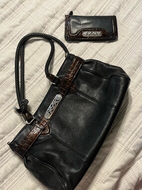 Brighton Black Leather Shoulder Bag with Brown Croc Trim